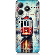 Realme C61 Uyumlu Yağmurlu Sokakta Kırmızı Tramvay  Desenli Silikon Kılıf