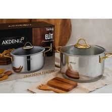 Elit Serisi 28 cm Gold Kulplu Paslanmaz Çelik Tencere – Cam Kapaklı, Şık 18/10