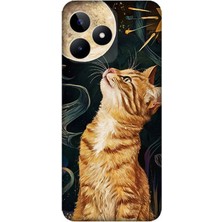 Realme C53 Uyumlu Aya Bakan Meraklı Kedi  Desenli Silikon Kılıf