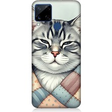 Realme C15 Uyumlu Yamalı Sevimli Kedi  Desenli Silikon Kılıf