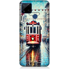 Realme C15 Uyumlu Yağmurlu Sokakta Kırmızı Tramvay  Desenli Silikon Kılıf