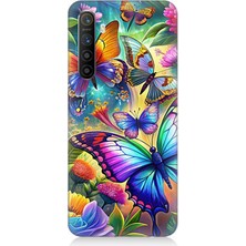 Realme Xt Uyumlu Çiçekler Arasında Kelebekler  Desenli Silikon Kılıf