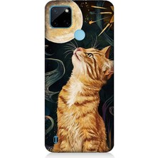 Realme C21Y Uyumlu Aya Bakan Meraklı Kedi  Desenli Silikon Kılıf