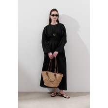 Keten Pile Detaylı Elbise Siyah