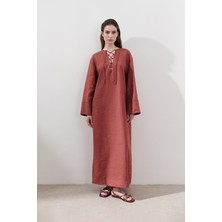 Keten Bağlama Detaylı Elbise Kiremit