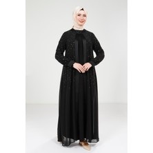 Beyza Taş Detaylı Şifon Siyah Abaya Takım 9321