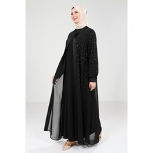 Beyza Taş Detaylı Şifon Siyah Abaya Takım 9321