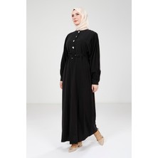 Beyza Düğme Detaylı Siyah Modal Elbise 9174