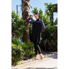 Kadın Siyah Desenli Tesettür Mayo Takımı – Uzun Kollu, Fermuarlı C6T1N2O52-2