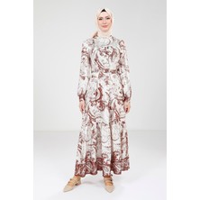 Beyza Baskılı Kemerli Kahve Renk Elbise 9387