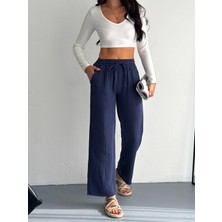 Kadın Lacivert Yüksek Bel Geniş Paça Müslin Pantolon