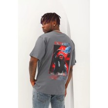 Unisex Oversize Baskılı Bisiklet Yaka T-Shirt - Füme