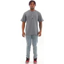 Unisex Oversize Baskılı Bisiklet Yaka T-Shirt - Füme