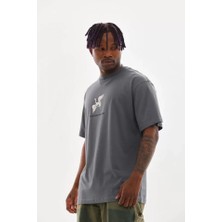Unisex Baskılı Oversize T-Shirt - Füme