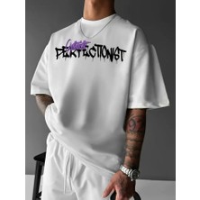 Baskılı Oversize Bisiklet Yaka T-Shirt - Beyaz