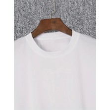 Baskılı Oversize Bisiklet Yaka T-Shirt - Beyaz
