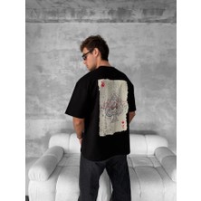 Ön ve Arka Baskılı Oversize Bisiklet Yaka T-Shirt - Siyah