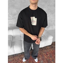 Ön ve Arka Baskılı Oversize Bisiklet Yaka T-Shirt - Siyah
