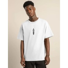 Unisex Bisiklet Yaka Baskılı Oversize T-Shirt - Beyaz