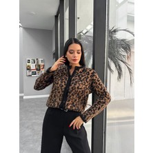 Kadın Leopar Desenli Yün Karışımlı Hırka