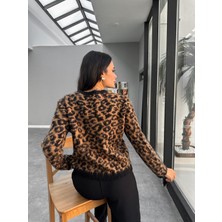 Kadın Leopar Desenli Yün Karışımlı Hırka