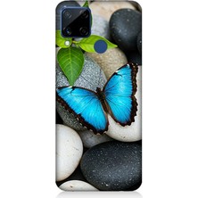 Realme C15 Uyumlu Mavilikte Taş Üzerinde Kelebek  Desenli Silikon Kılıf