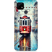 Realme C21 Uyumlu Yağmurlu Sokakta Kırmızı Tramvay  Desenli Silikon Kılıf