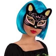 Siyah Renk Süet Kaplama Üzeri Sarı Pembe Simli Kedi Maskesi 17X14 cm