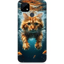 Realme C21 Uyumlu Suda Yüzen Kedi  Desenli Silikon Kılıf