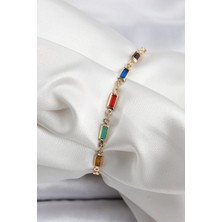 Pirinç Gold Renk Karışık Renkli Kare Zirkon Taşlı Kadın Bileklik - TJ-BB7040