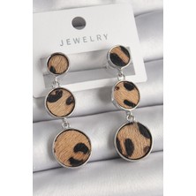 Pirinç Gümüş Renk 3'lü Daire Plaka Leopar Desenli Kadın Küpe - TJ-BKP9892