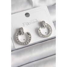 Pirinç Gümüş Renk Zirkon Taşlı Çivi Halka Model Kadın Küpe - TJ-BKP9847