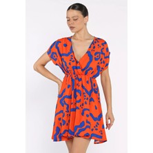 Desenli Kruvaze Yaka Bel Lastikli Kadın Mini Elbise P-00017662