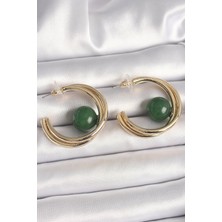 Toptan Bulurum Pirinç Gold Renk Halka Model Yeşil Boncuk Detay Kadın Küpe