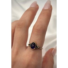 Vintage Seri Ayarlanabilir Paslanmaz Kararmaz 3 Nokta Kollu Tasarım Ametist Doğal Taş Bronz Yüzük