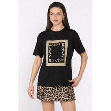 Kadın Bisiklet Yaka Baskılı Taşlı Tişört P-00017449