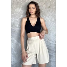 Kadın Bel Lastikli Pileli Yüksek Bel Cırtlı Şort P-00017317