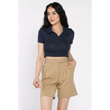 Kadın Bel Lastikli Pileli Yüksek Bel Cırtlı Şort P-00017317