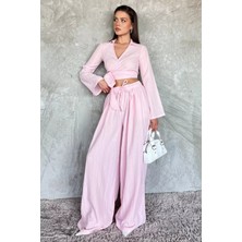 Kruvaze Yaka Bel Bağcıklı Bluz Pantolon Ikili Takım P-00017492