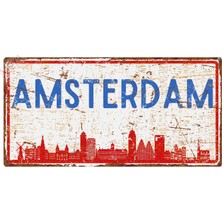 Amsterdam Silüetli Dekoratif Alüminyum Tabela - Retro Metal Duvar Dekoru - Amsterdam Manzaralı Levha