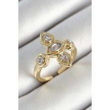 Pirinç Beş Taş Trend Figür Zirkon Taşlı Gold Renk Ayarlanabilir Kadın Yüzük