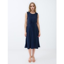 Jimmy Key Lacivert Yuvarlak Yaka Kolsuz Dokuma Midi Elbise