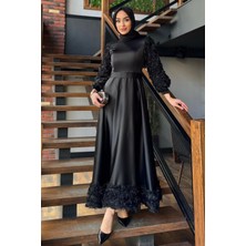 Eteği ve Kolları Gül Detaylı Tesettür Saten Abiye Elbise P-00017196