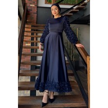 Eteği ve Kolları Gül Detaylı Tesettür Saten Abiye Elbise P-00017196