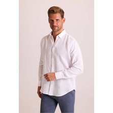 Erkek Beyaz Düz Regular Fit Keten Gömlek