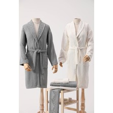 Fiesta Pamuklu Jakarlı Aile Bornoz Seti - Krem - Gri