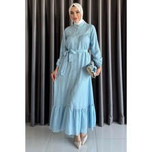 Boydan Düğmeli Fırfırlı Bel Kuşak Detaylı Tesettür Elbise P-00017561