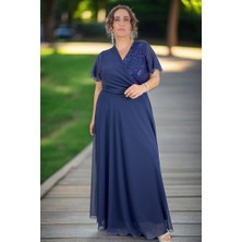 Kruvaze Göğüs Melek Kol Payetli Astarlı Etek Büyük Beden Şifon Abiye Elbise