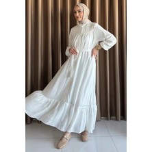 Boydan Düğmeli Fırfırlı Bel Kuşak Detaylı Tesettür Elbise P-00017561