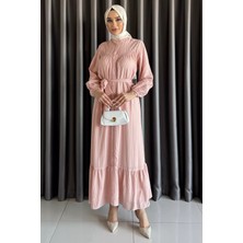Boydan Düğmeli Fırfırlı Bel Kuşak Detaylı Tesettür Elbise P-00017561